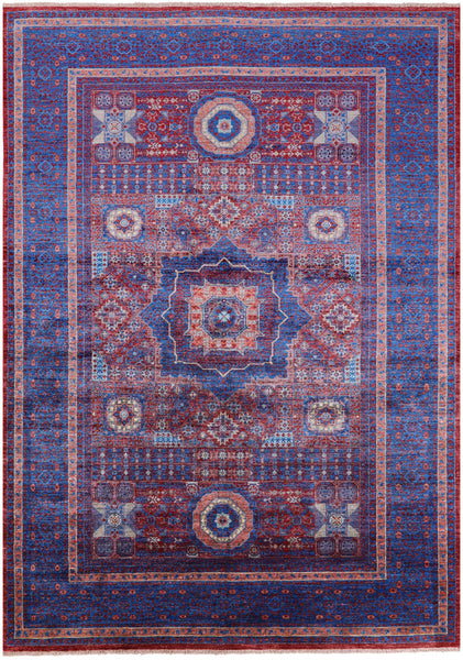 Red Geometric Persian Mamluk Hand Knotted Wool Rug - 6' 9" X 9' 8" - Golden Nile