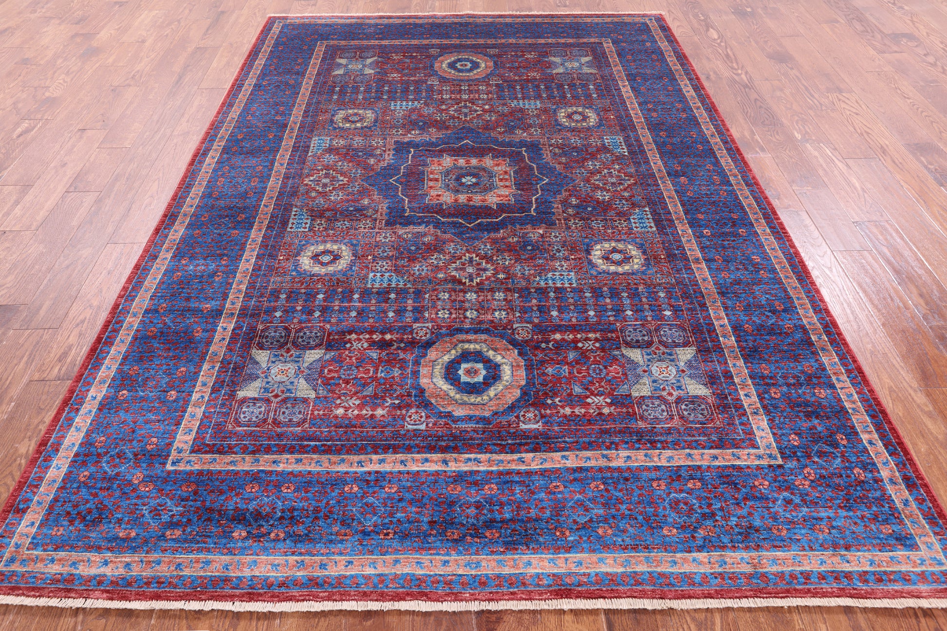 Red Geometric Persian Mamluk Hand Knotted Wool Rug - 6' 9" X 9' 8" - Golden Nile