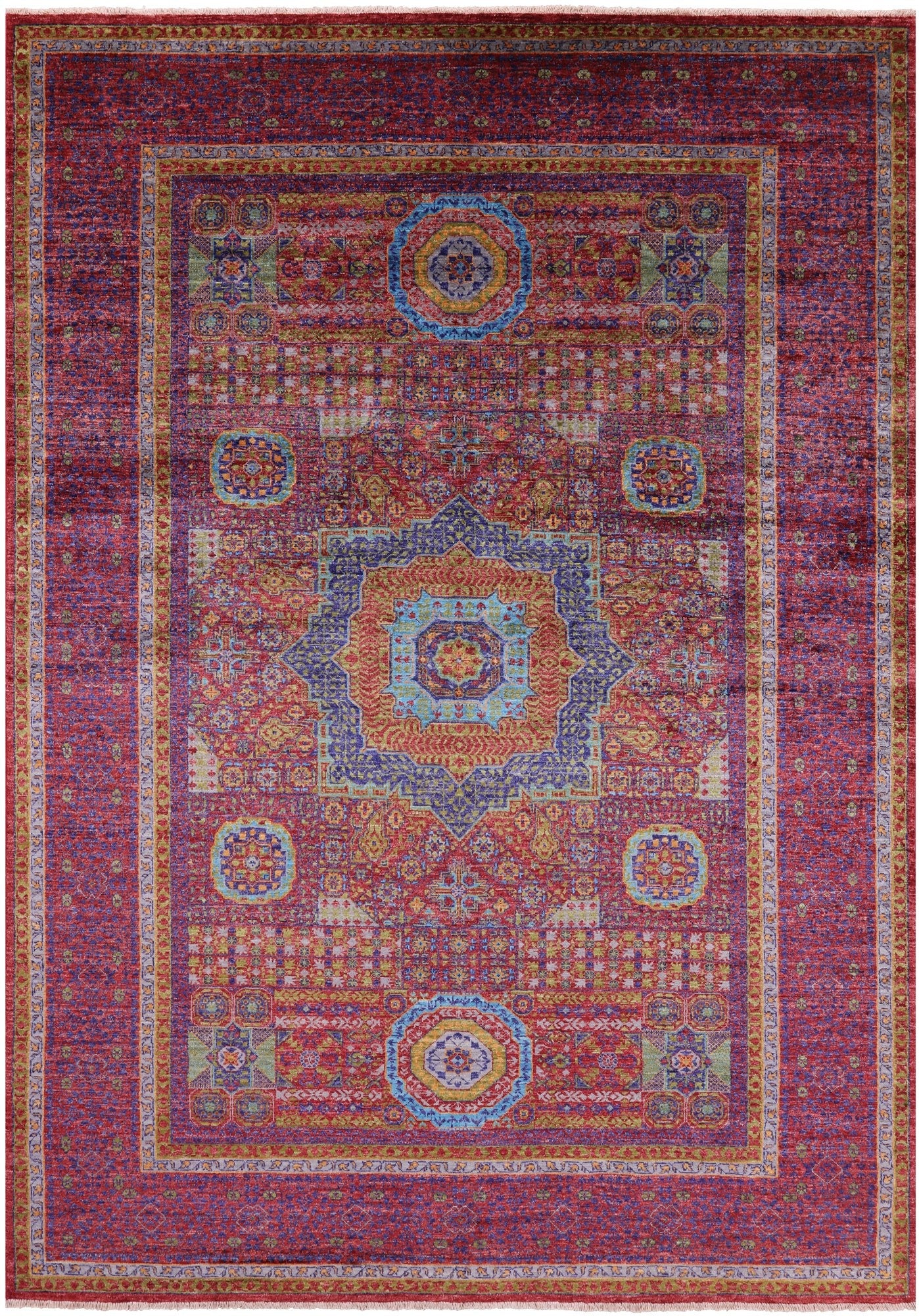 Red Geometric Persian Mamluk Hand Knotted Wool Rug - 6' 9" X 9' 9" - Golden Nile