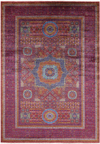 Red Geometric Persian Mamluk Hand Knotted Wool Rug - 6' 9