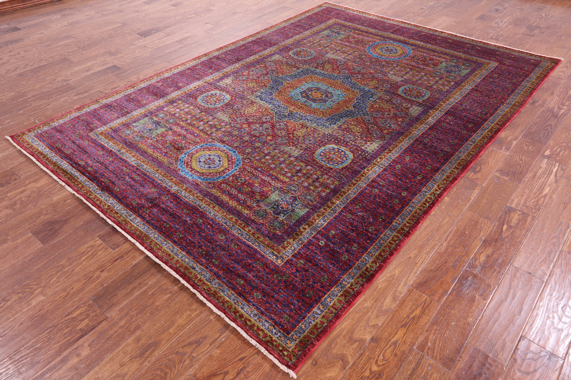 Red Geometric Persian Mamluk Hand Knotted Wool Rug - 6' 9" X 9' 9" - Golden Nile