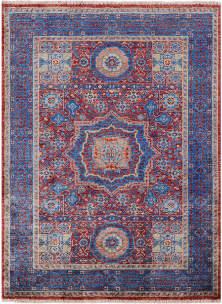 Red Geometric Persian Mamluk Hand Knotted Wool Rug - 3' 6" X 4' 9" - Golden Nile