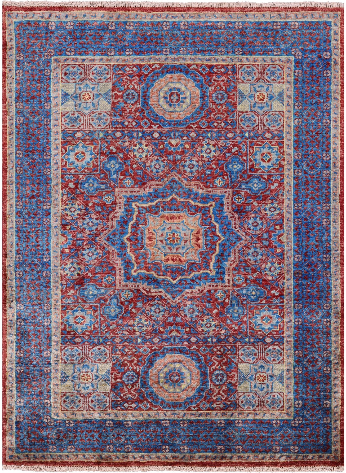 Red Geometric Persian Mamluk Hand Knotted Wool Rug - 3' 6" X 4' 9" - Golden Nile