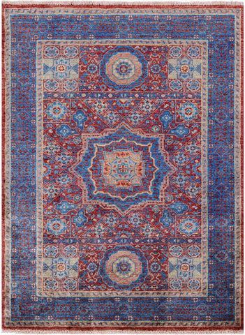 Red Geometric Persian Mamluk Hand Knotted Wool Rug - 3' 6