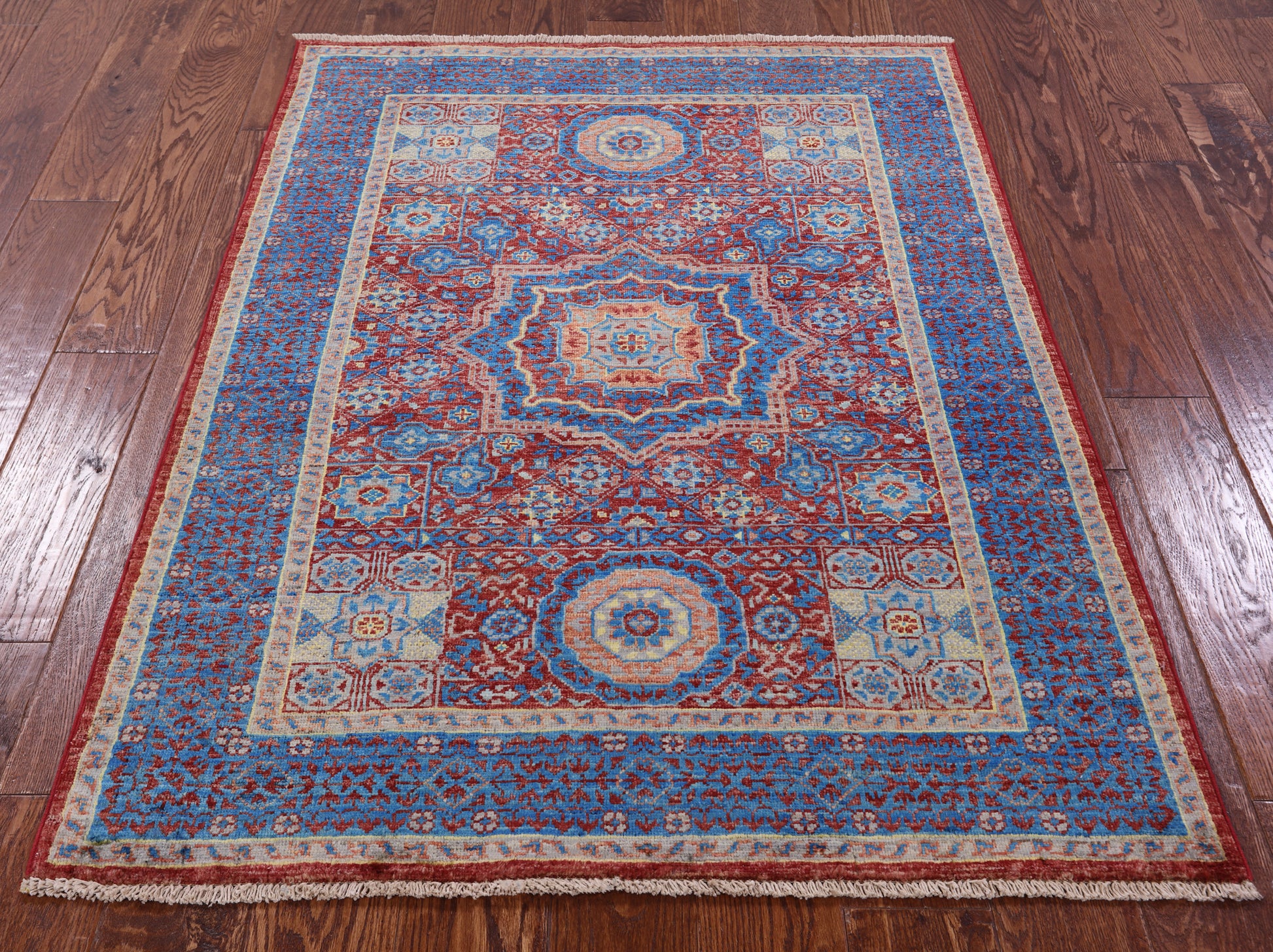 Red Geometric Persian Mamluk Hand Knotted Wool Rug - 3' 6" X 4' 9" - Golden Nile