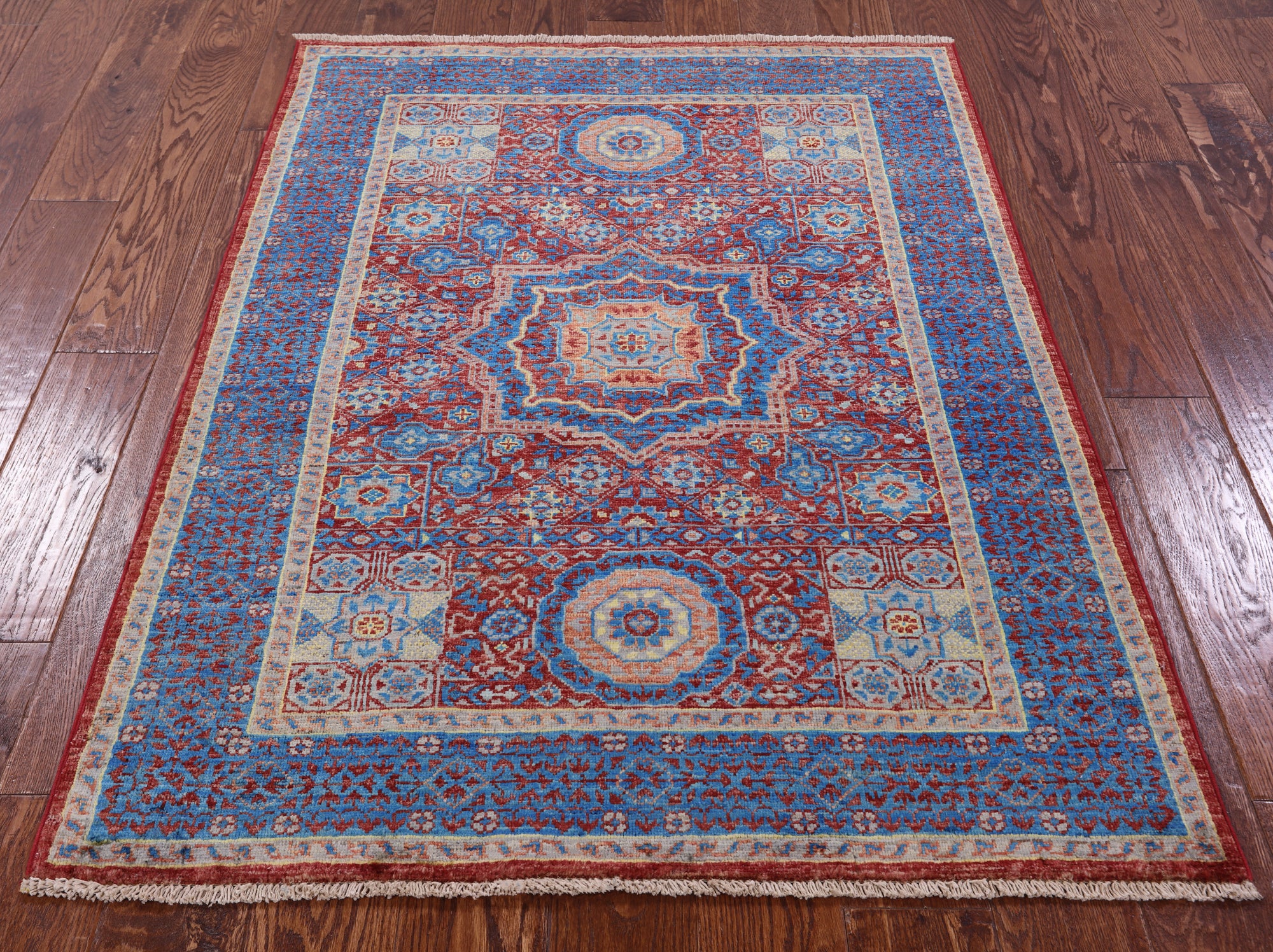 Red Geometric Persian Mamluk Hand Knotted Wool Rug - 3' 6" X 4' 9" - Golden Nile