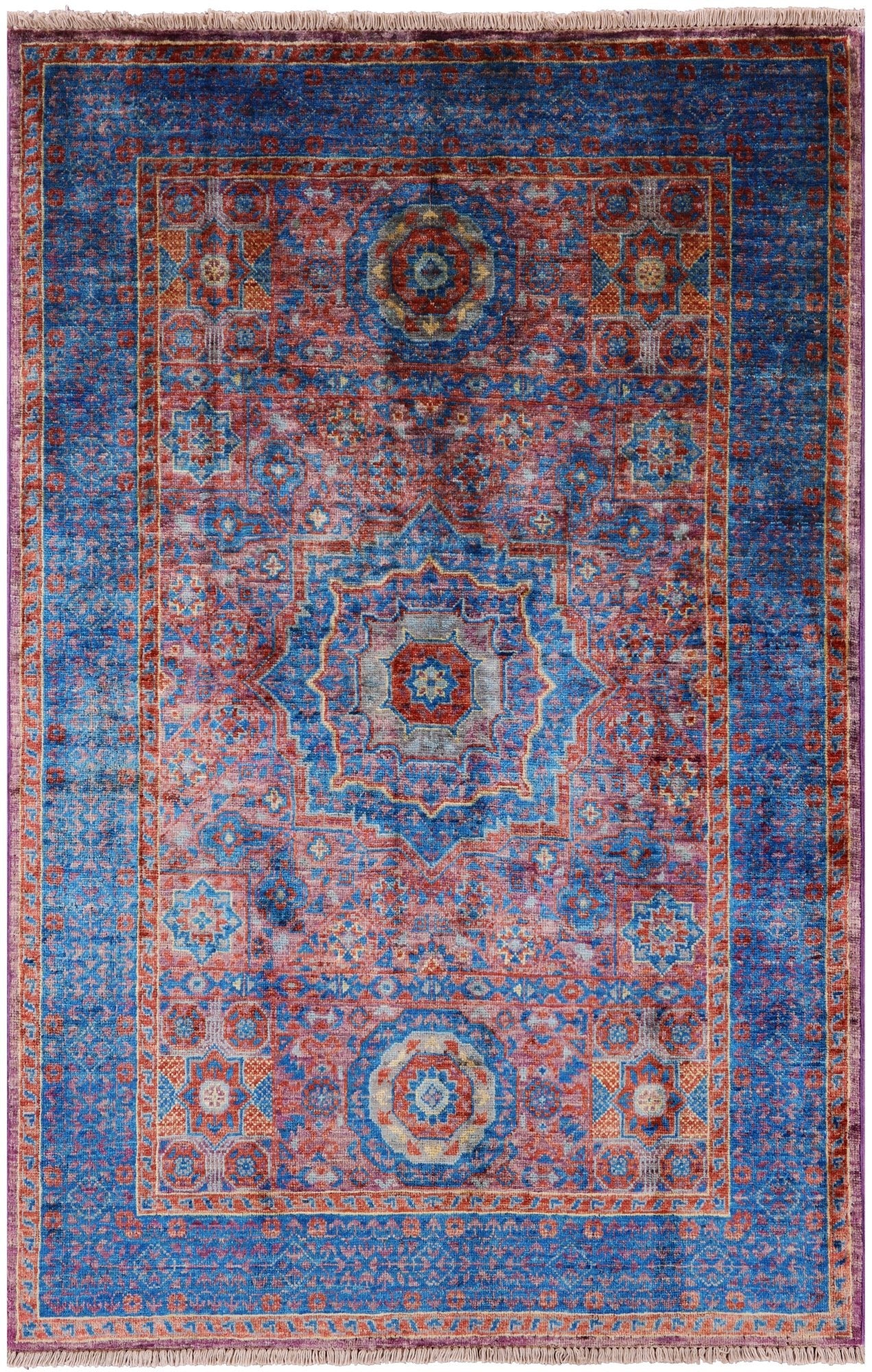 Purple Geometric Persian Mamluk Hand Knotted Wool Rug - 3' 4" X 5' 1" - Golden Nile