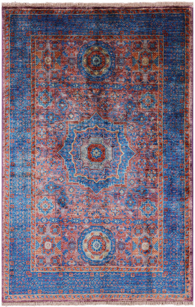 Purple Geometric Persian Mamluk Hand Knotted Wool Rug - 3' 4" X 5' 1" - Golden Nile