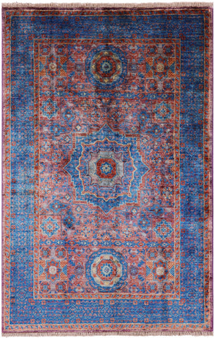 Purple Geometric Persian Mamluk Hand Knotted Wool Rug - 3' 4