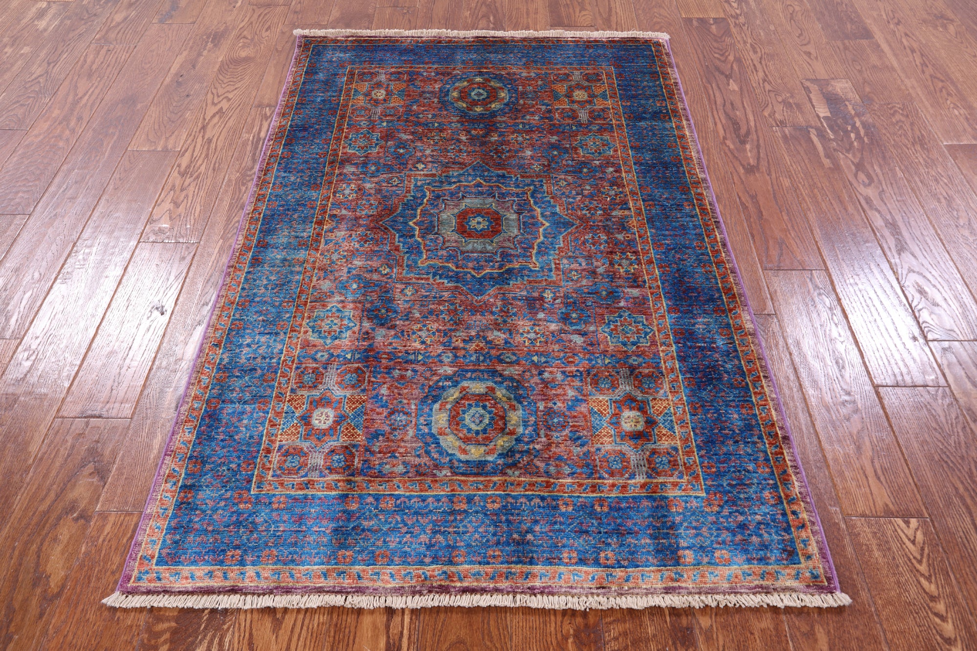 Purple Geometric Persian Mamluk Hand Knotted Wool Rug - 3' 4" X 5' 1" - Golden Nile