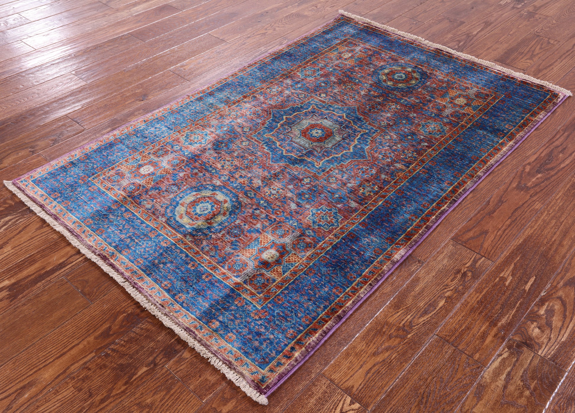 Purple Geometric Persian Mamluk Hand Knotted Wool Rug - 3' 4" X 5' 1" - Golden Nile