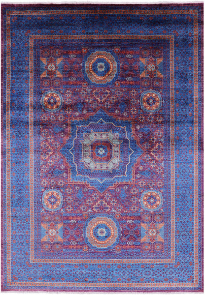 Purple Geometric Persian Mamluk Hand Knotted Wool Rug - 5' 8" X 8' 1" - Golden Nile