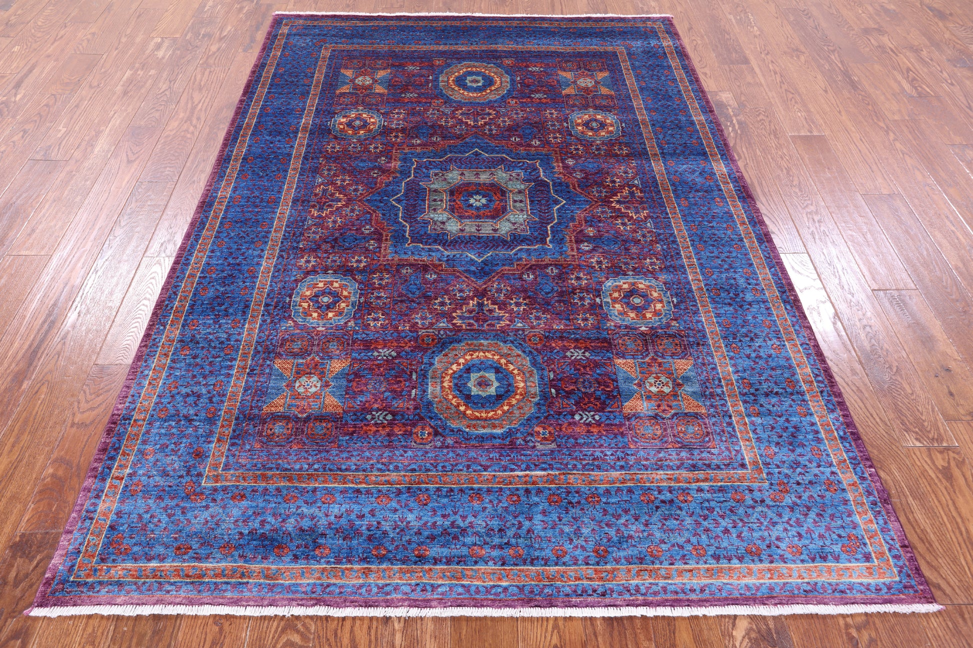 Purple Geometric Persian Mamluk Hand Knotted Wool Rug - 5' 8" X 8' 1" - Golden Nile