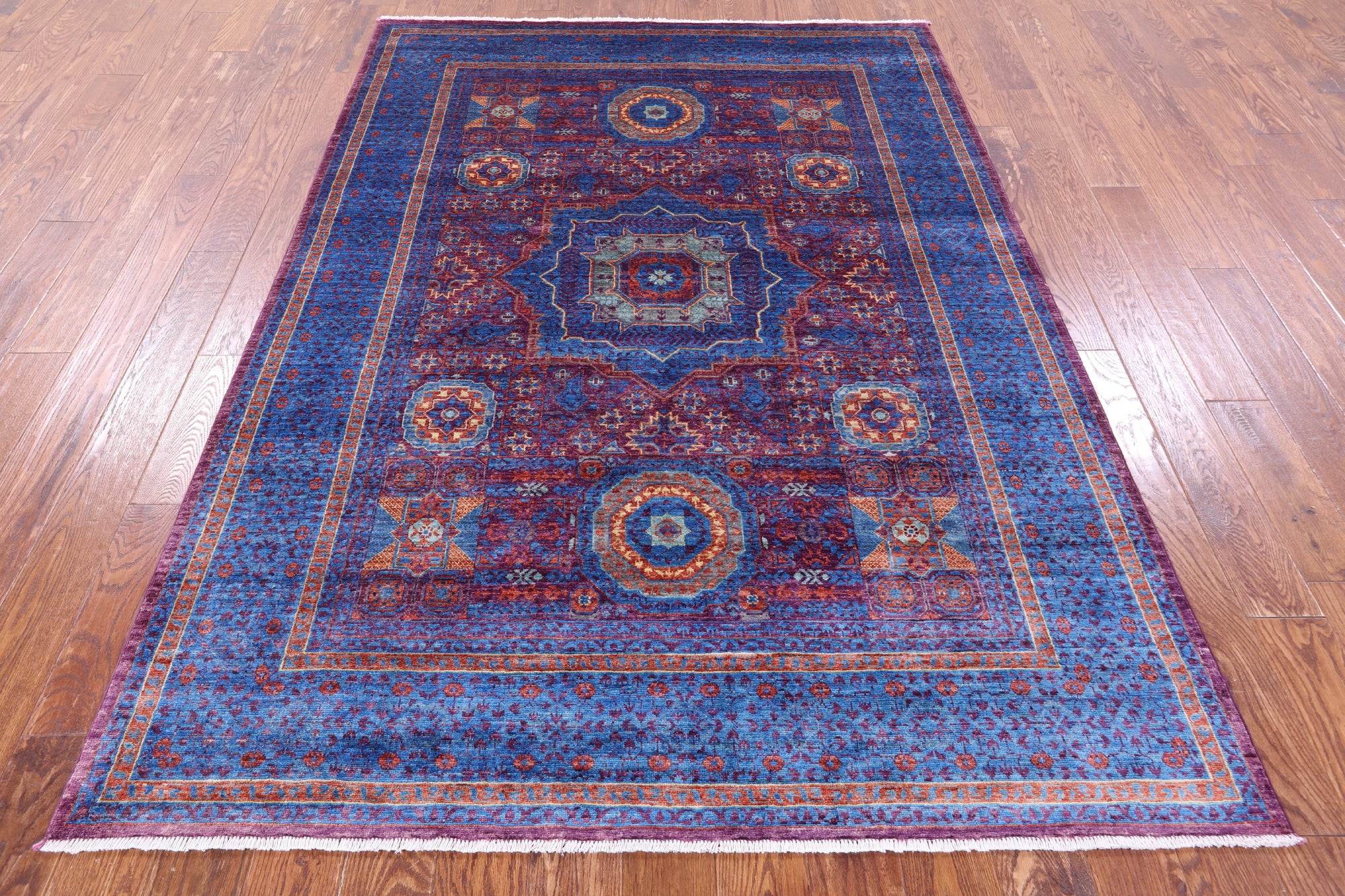 Purple Geometric Persian Mamluk Hand Knotted Wool Rug - 5' 8" X 8' 1" - Golden Nile