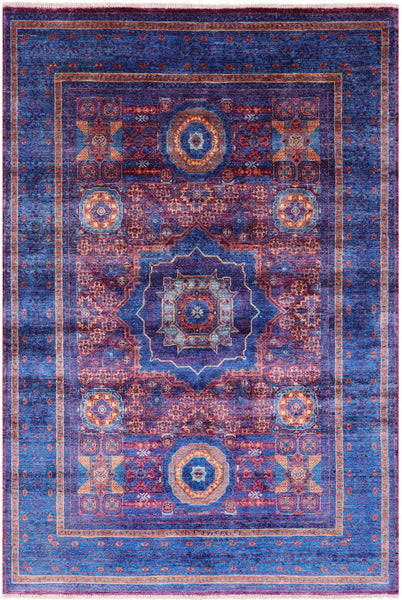 Purple Geometric Persian Mamluk Handmade Wool Rug - 5' 6" X 8' 2" - Golden Nile
