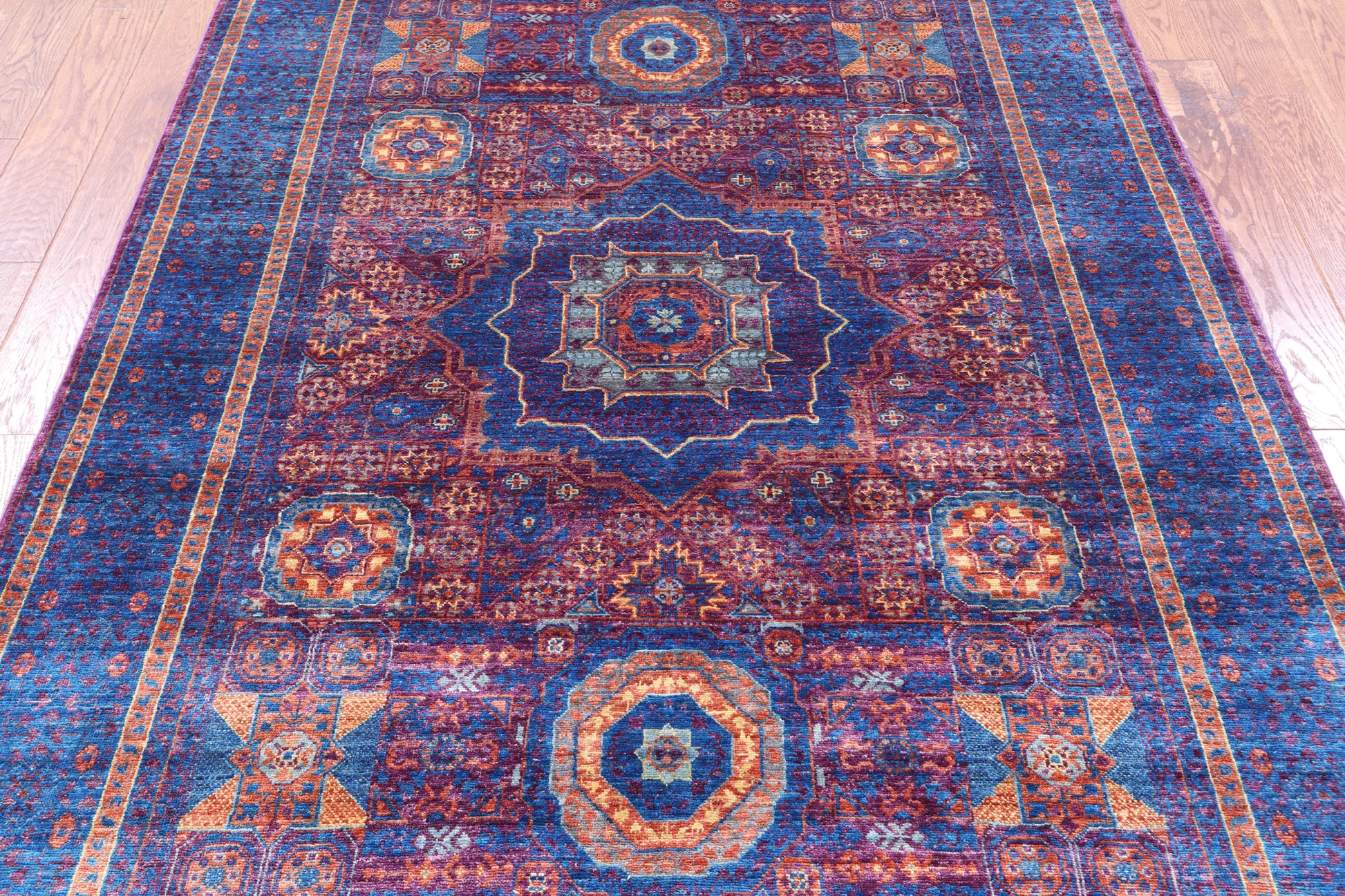 Purple Geometric Persian Mamluk Handmade Wool Rug - 5' 6" X 8' 2" - Golden Nile
