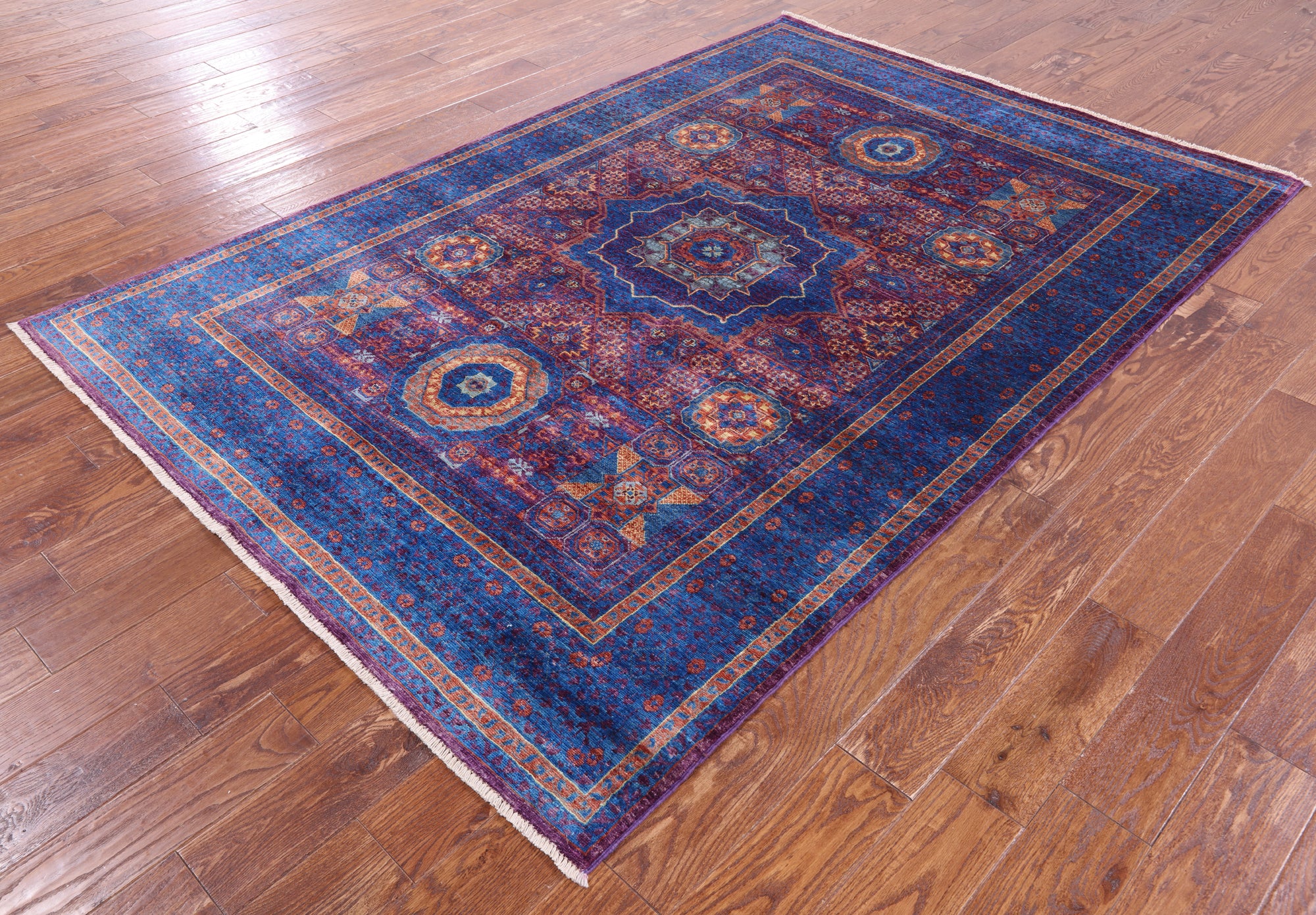 Purple Geometric Persian Mamluk Handmade Wool Rug - 5' 6" X 8' 2" - Golden Nile