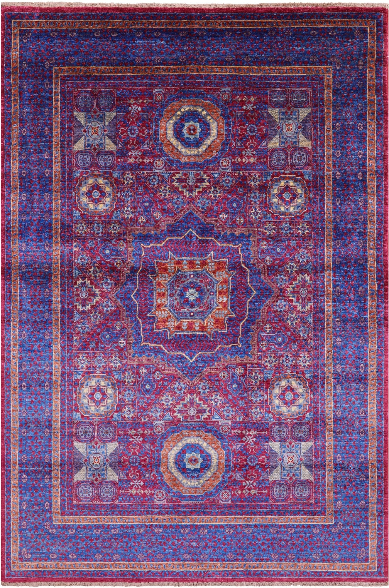 Red Geometric Persian Mamluk Hand Knotted Wool Rug - 5' 4" X 8' 4" - Golden Nile