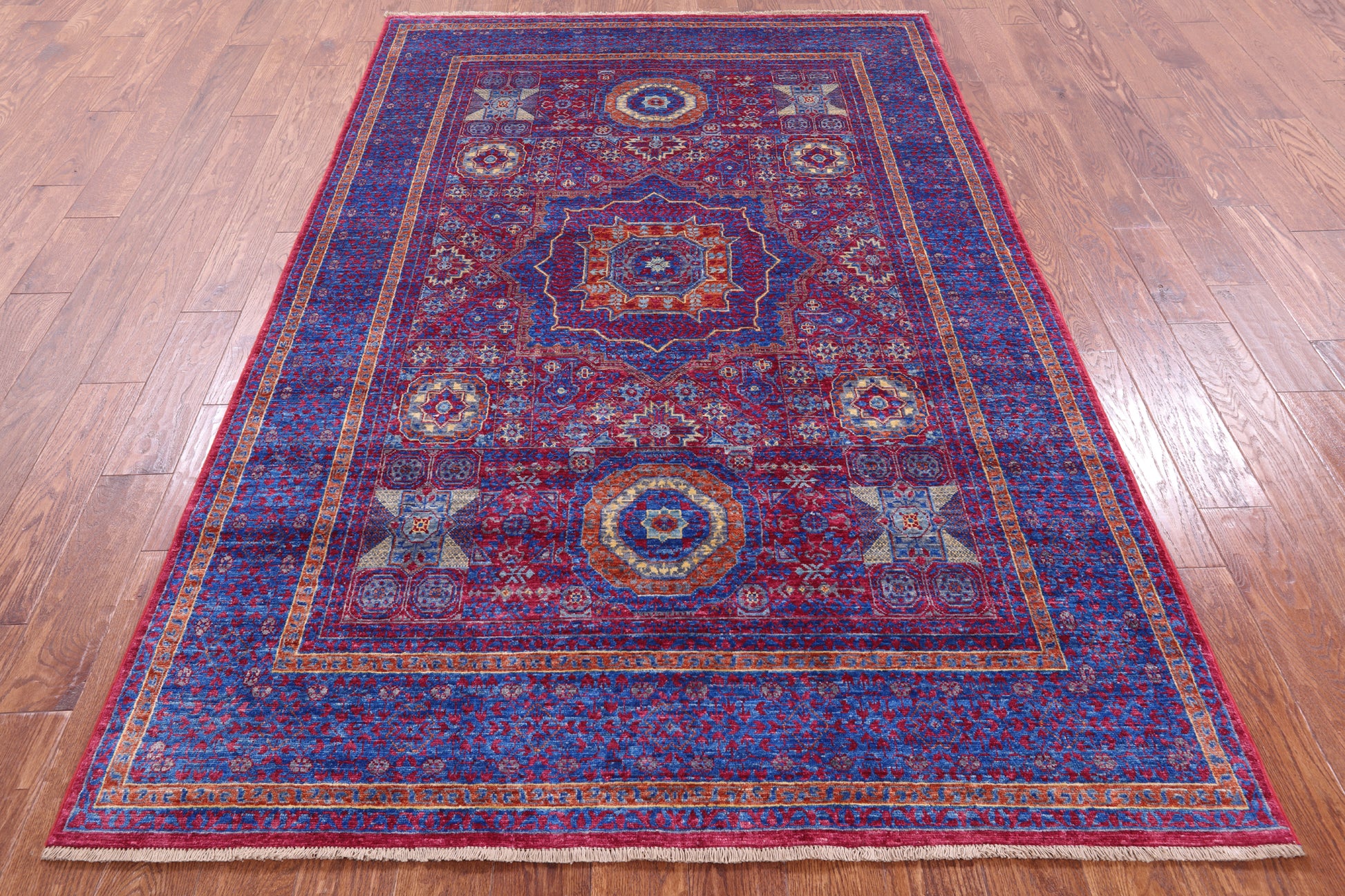 Red Geometric Persian Mamluk Hand Knotted Wool Rug - 5' 4" X 8' 4" - Golden Nile