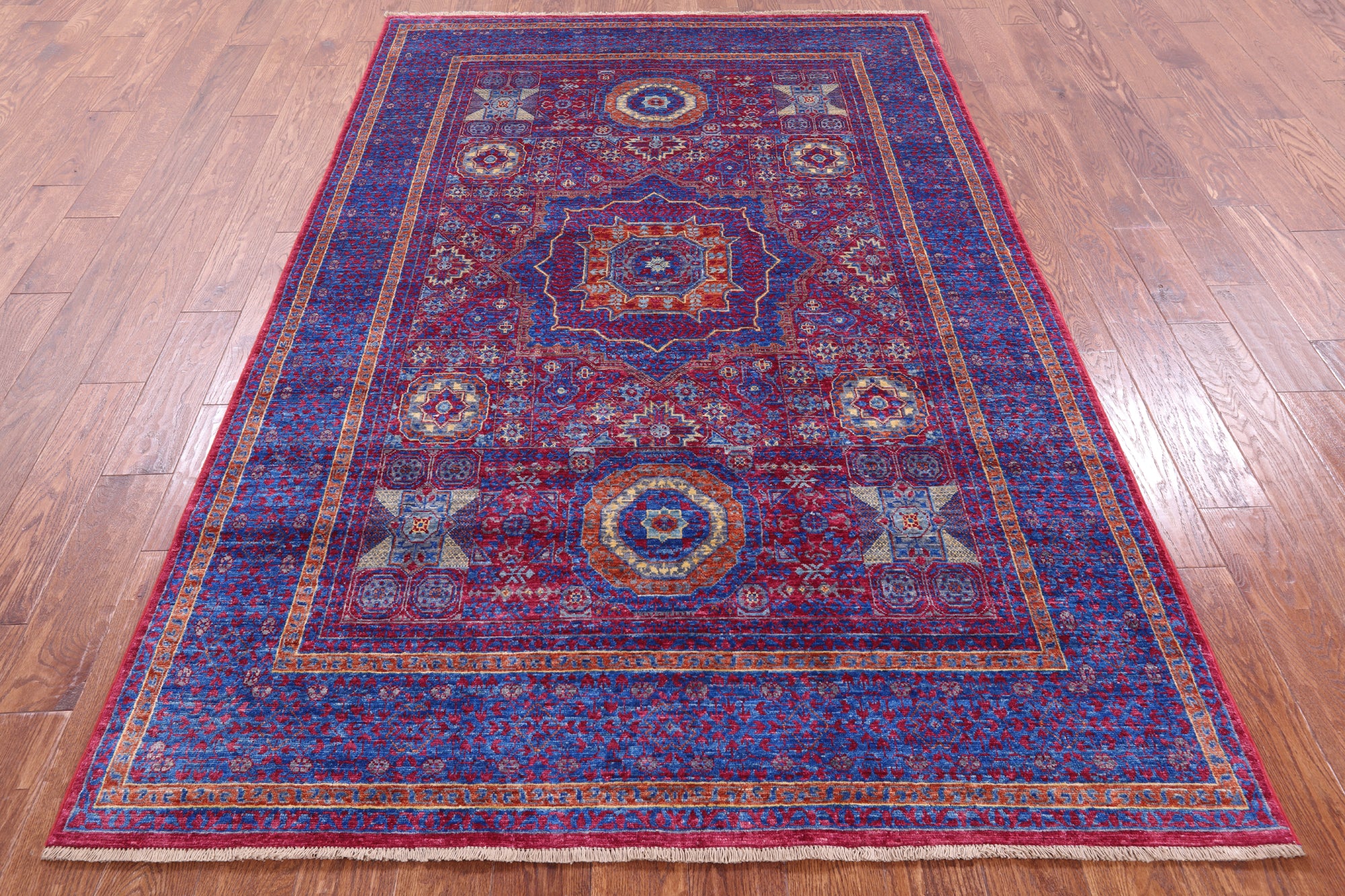 Red Geometric Persian Mamluk Hand Knotted Wool Rug - 5' 4" X 8' 4" - Golden Nile