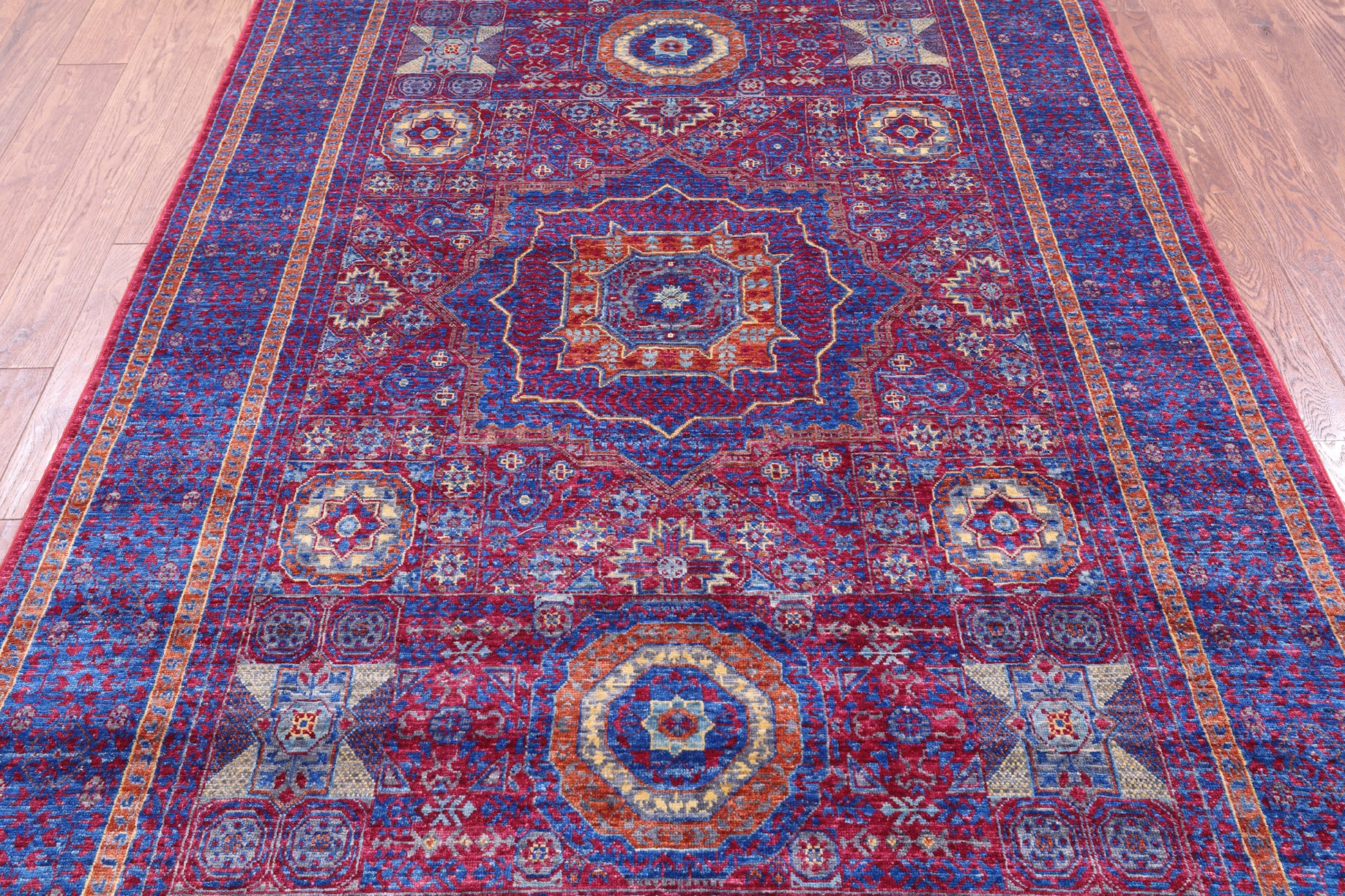 Red Geometric Persian Mamluk Hand Knotted Wool Rug - 5' 4" X 8' 4" - Golden Nile
