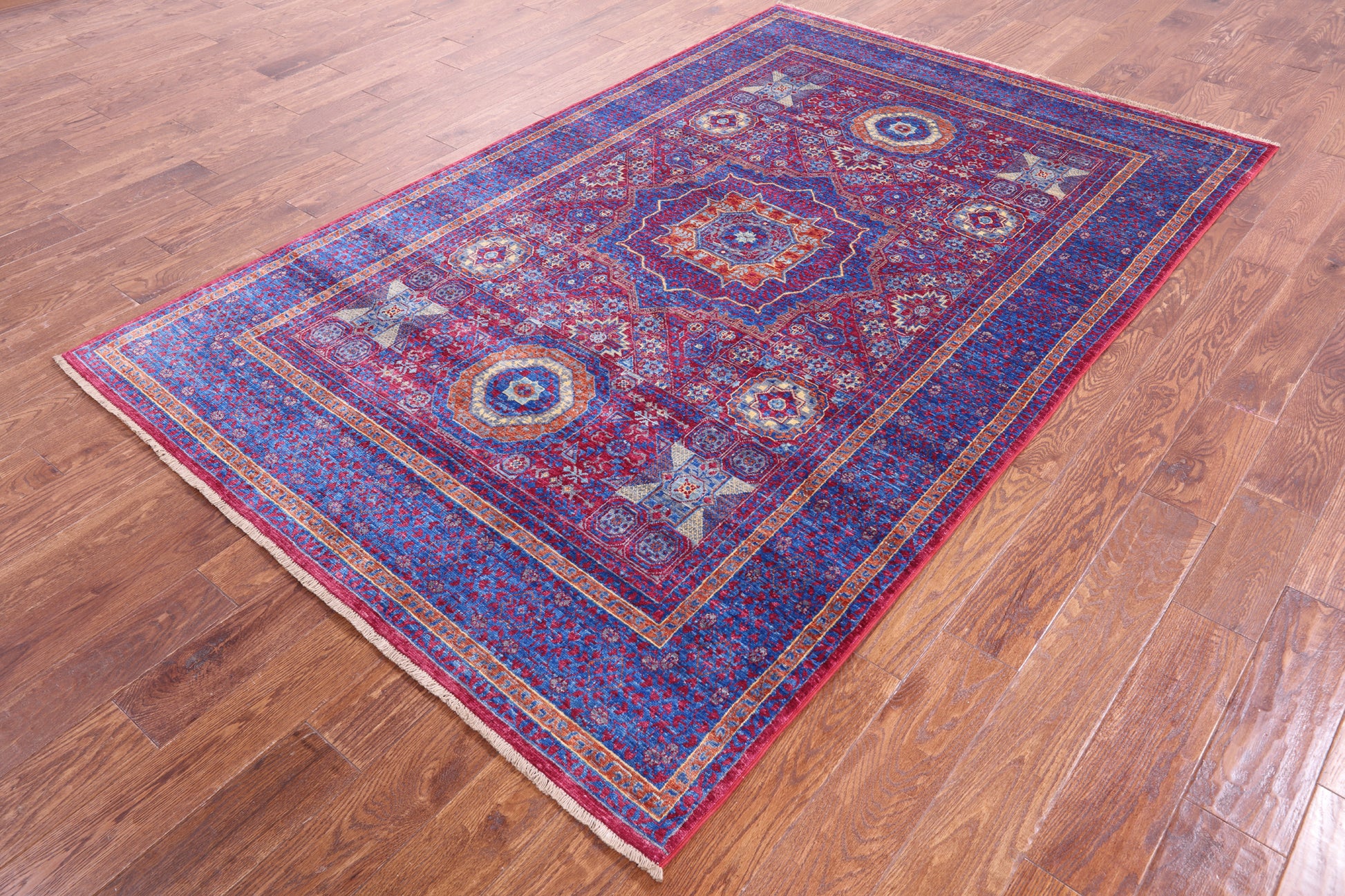Red Geometric Persian Mamluk Hand Knotted Wool Rug - 5' 4" X 8' 4" - Golden Nile