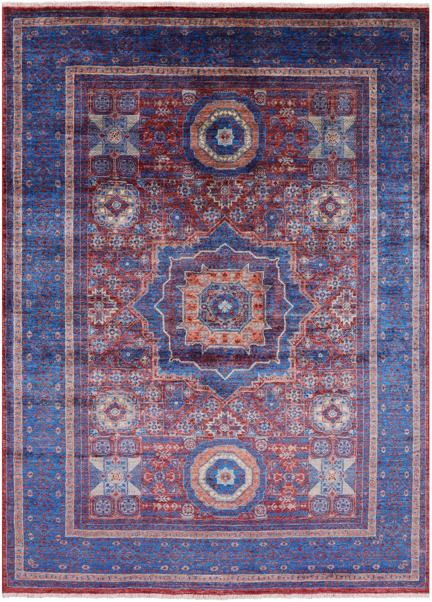 Red Geometric Persian Mamluk Hand Knotted Wool Rug - 5' 9" X 7' 10" - Golden Nile