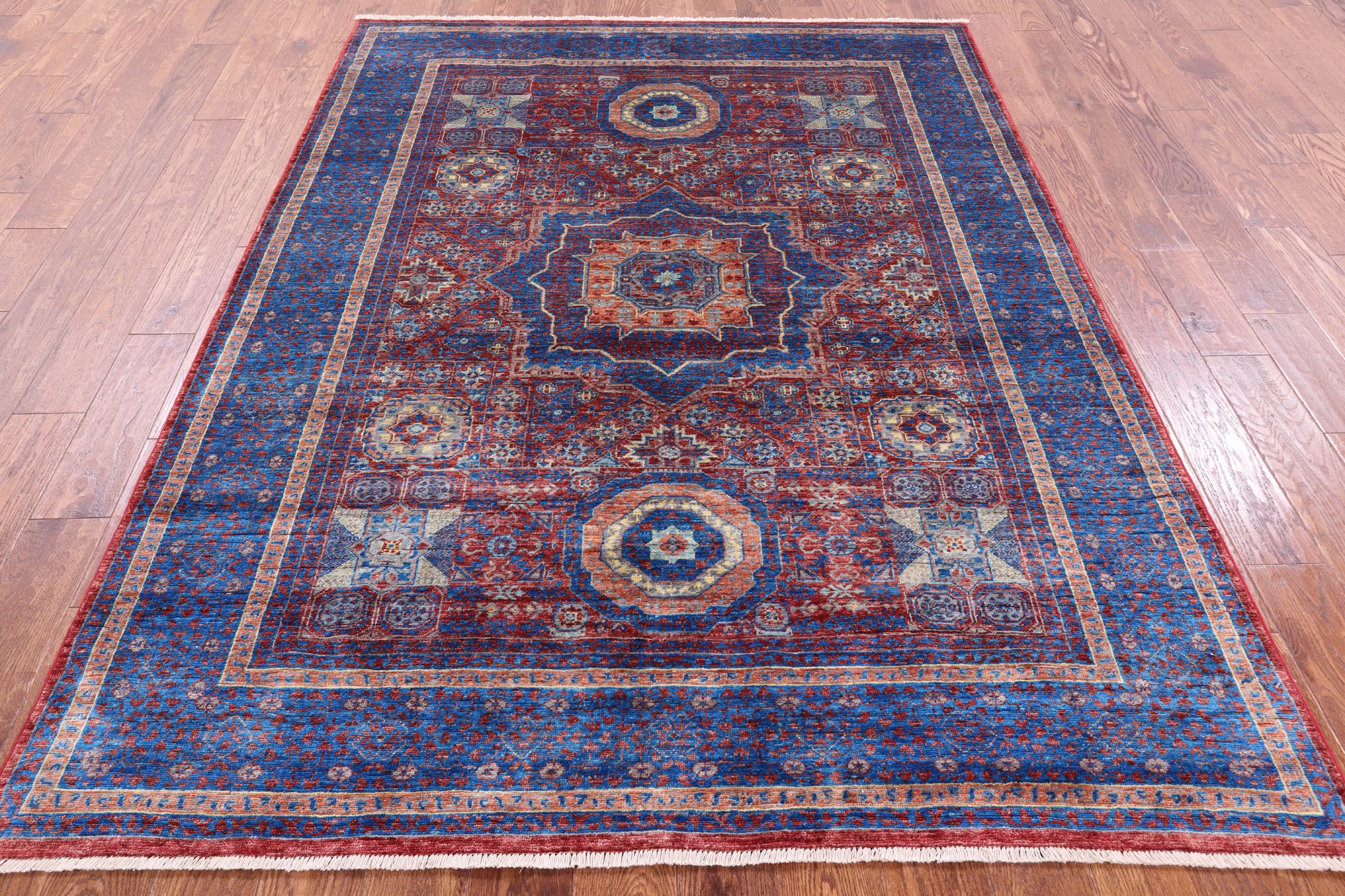 Red Geometric Persian Mamluk Hand Knotted Wool Rug - 5' 9" X 7' 10" - Golden Nile