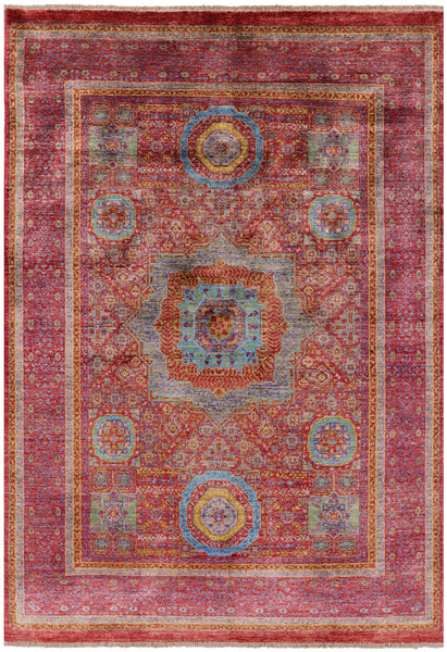 Red Geometric Persian Mamluk Handmade Wool Rug - 5' 7" X 7' 10" - Golden Nile