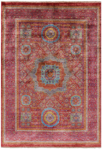 Red Geometric Persian Mamluk Handmade Wool Rug - 5' 7