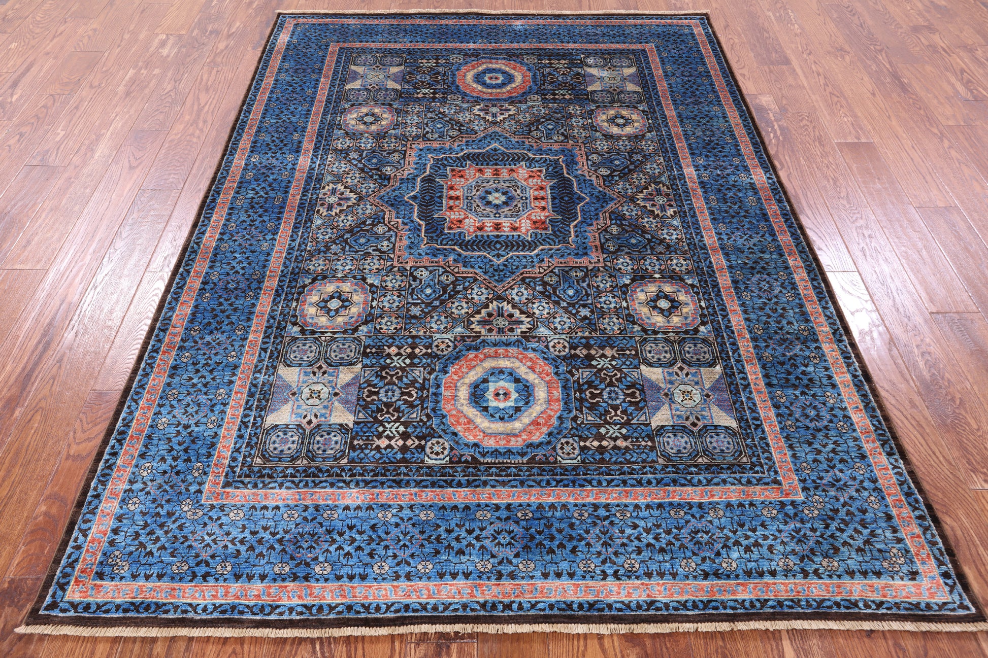 Brown Geometric Persian Mamluk Hand Knotted Wool Rug - 5' 8" X 7' 9" - Golden Nile