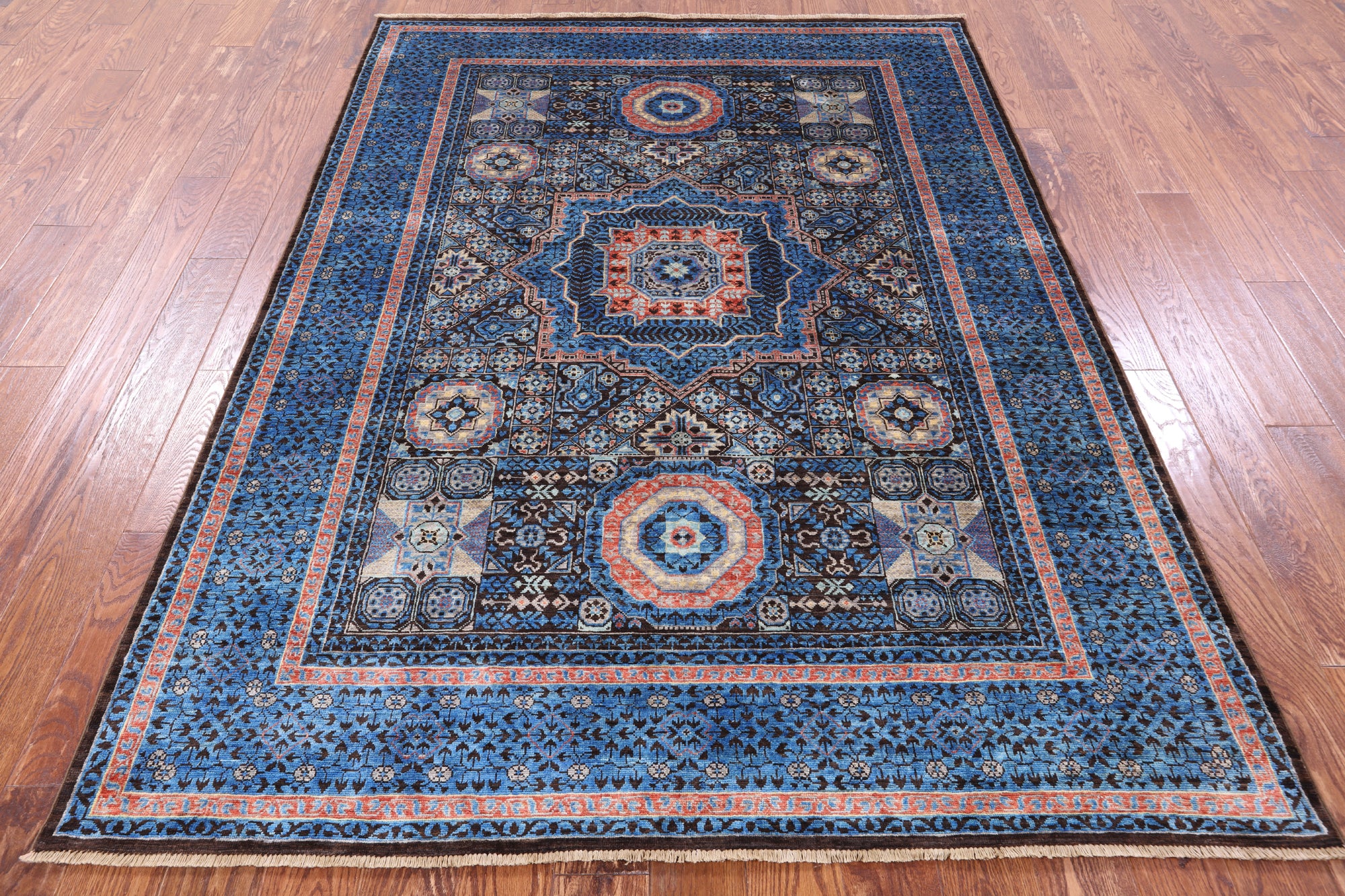 Brown Geometric Persian Mamluk Hand Knotted Wool Rug - 5' 8" X 7' 9" - Golden Nile