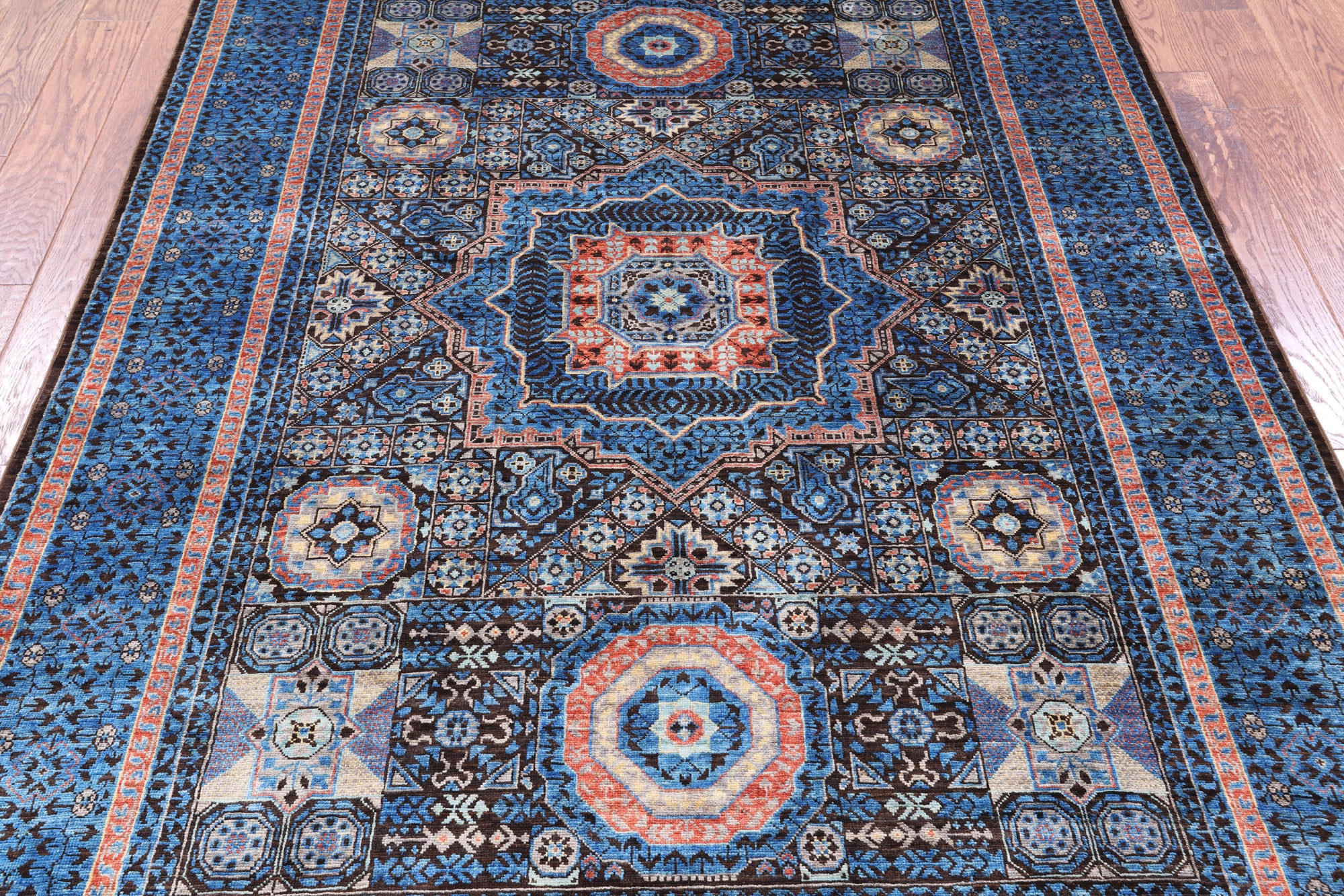Brown Geometric Persian Mamluk Hand Knotted Wool Rug - 5' 8" X 7' 9" - Golden Nile