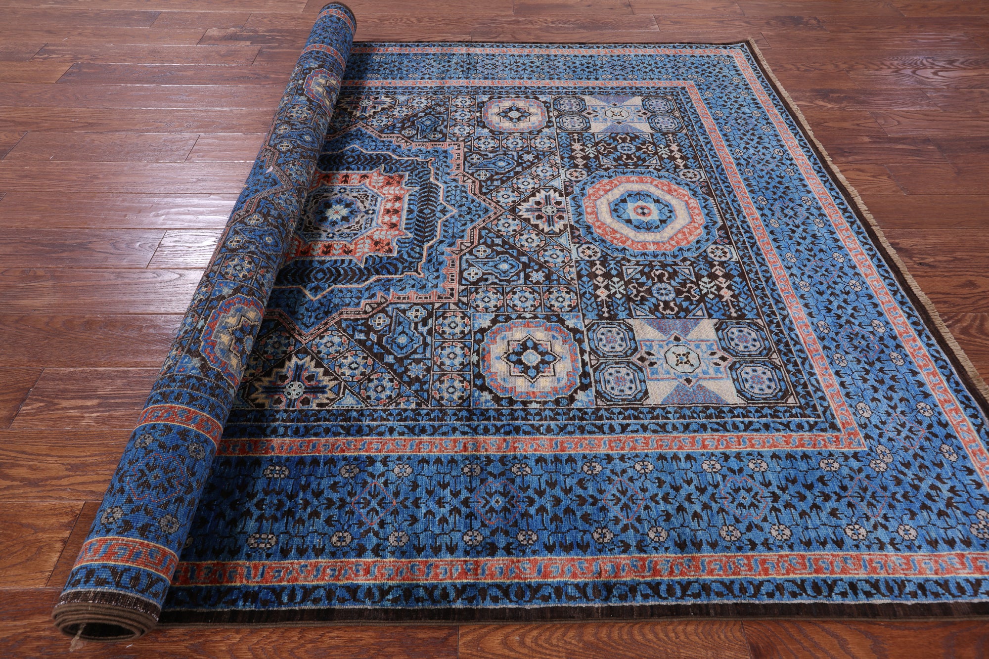 Brown Geometric Persian Mamluk Hand Knotted Wool Rug - 5' 8" X 7' 9" - Golden Nile