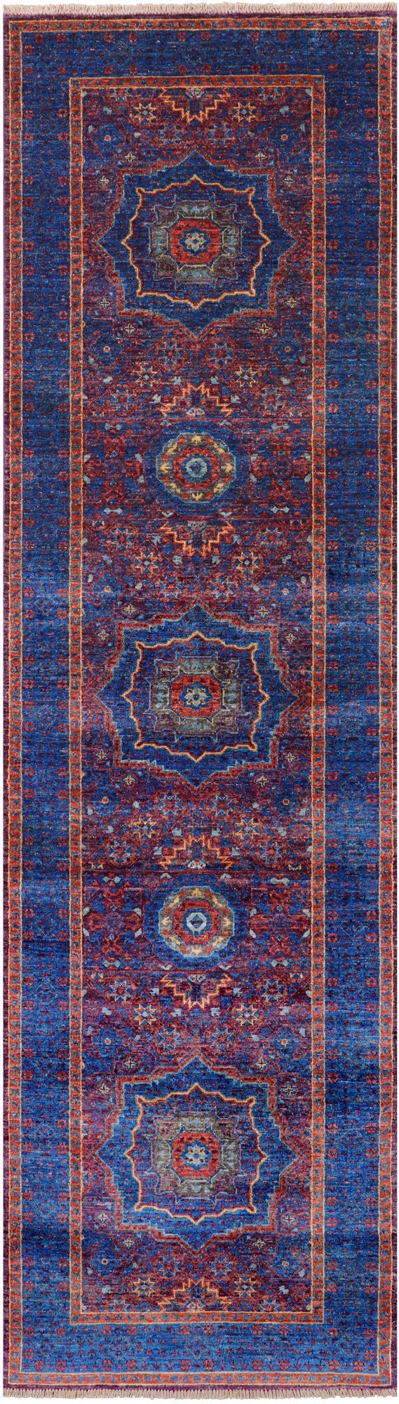 Purple Geometric Persian Mamluk Hand Knotted Wool Runner Rug - 2' 9" X 9' 9" - Golden Nile