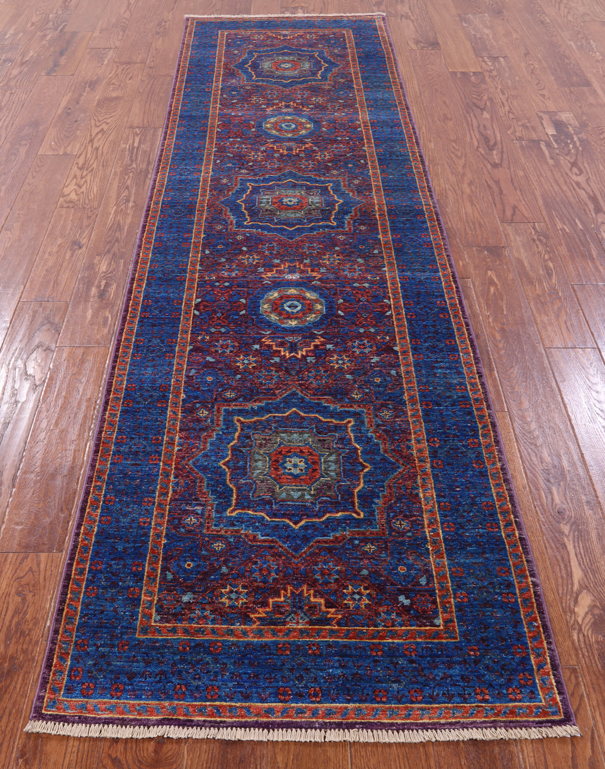 Purple Geometric Persian Mamluk Hand Knotted Wool Runner Rug - 2' 9" X 9' 9" - Golden Nile
