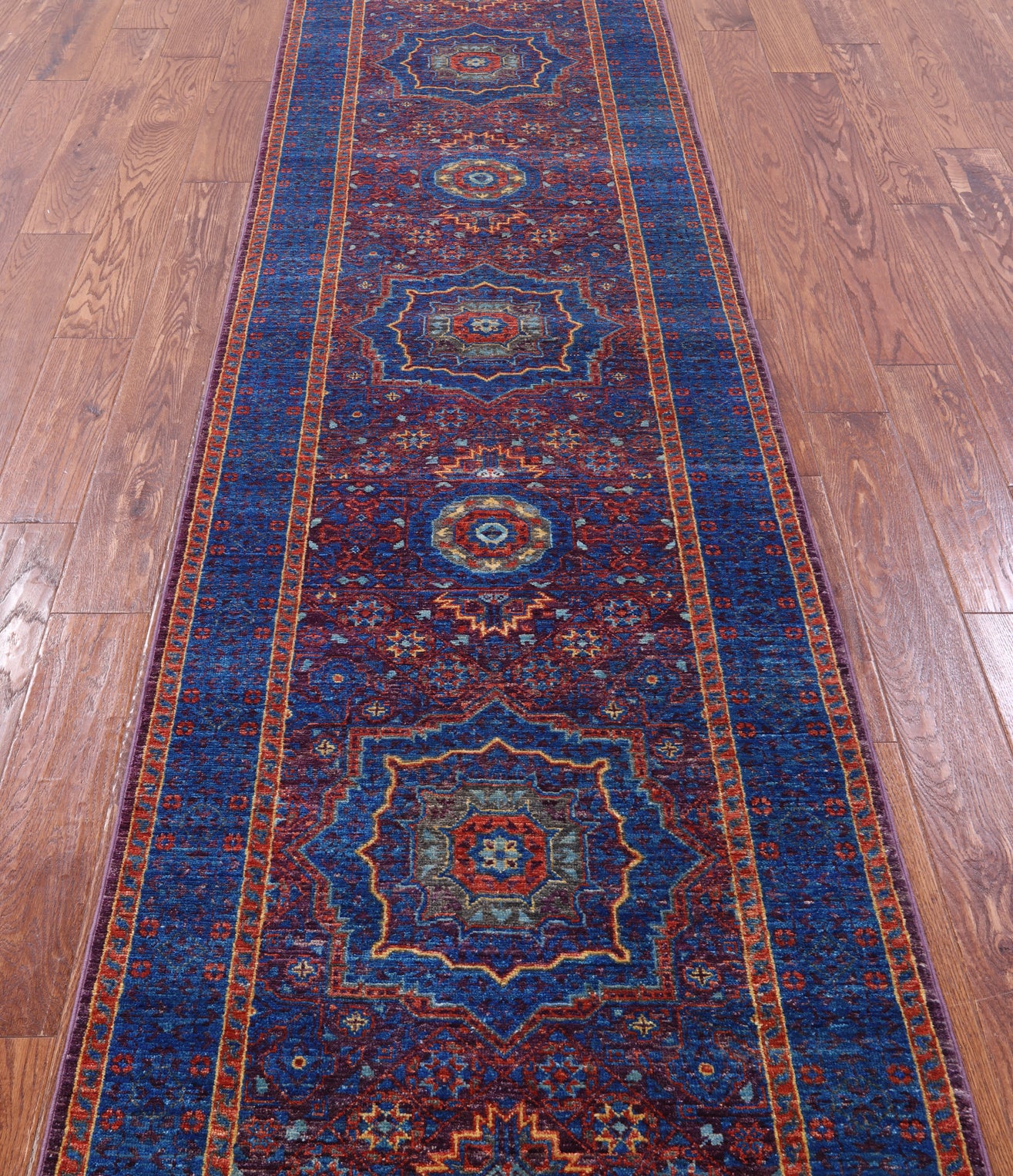 Purple Geometric Persian Mamluk Hand Knotted Wool Runner Rug - 2' 9" X 9' 9" - Golden Nile