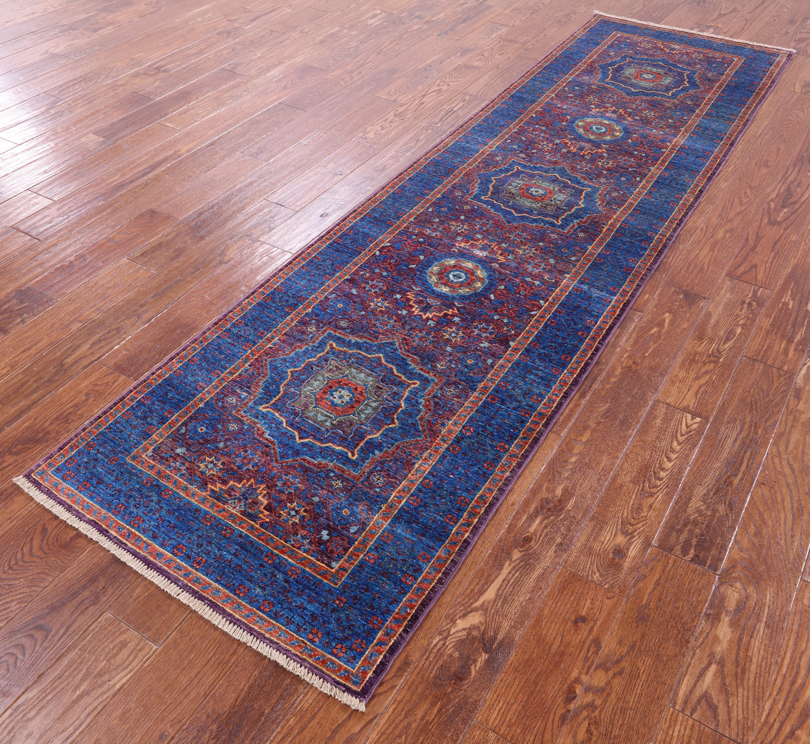 Purple Geometric Persian Mamluk Hand Knotted Wool Runner Rug - 2' 9" X 9' 9" - Golden Nile