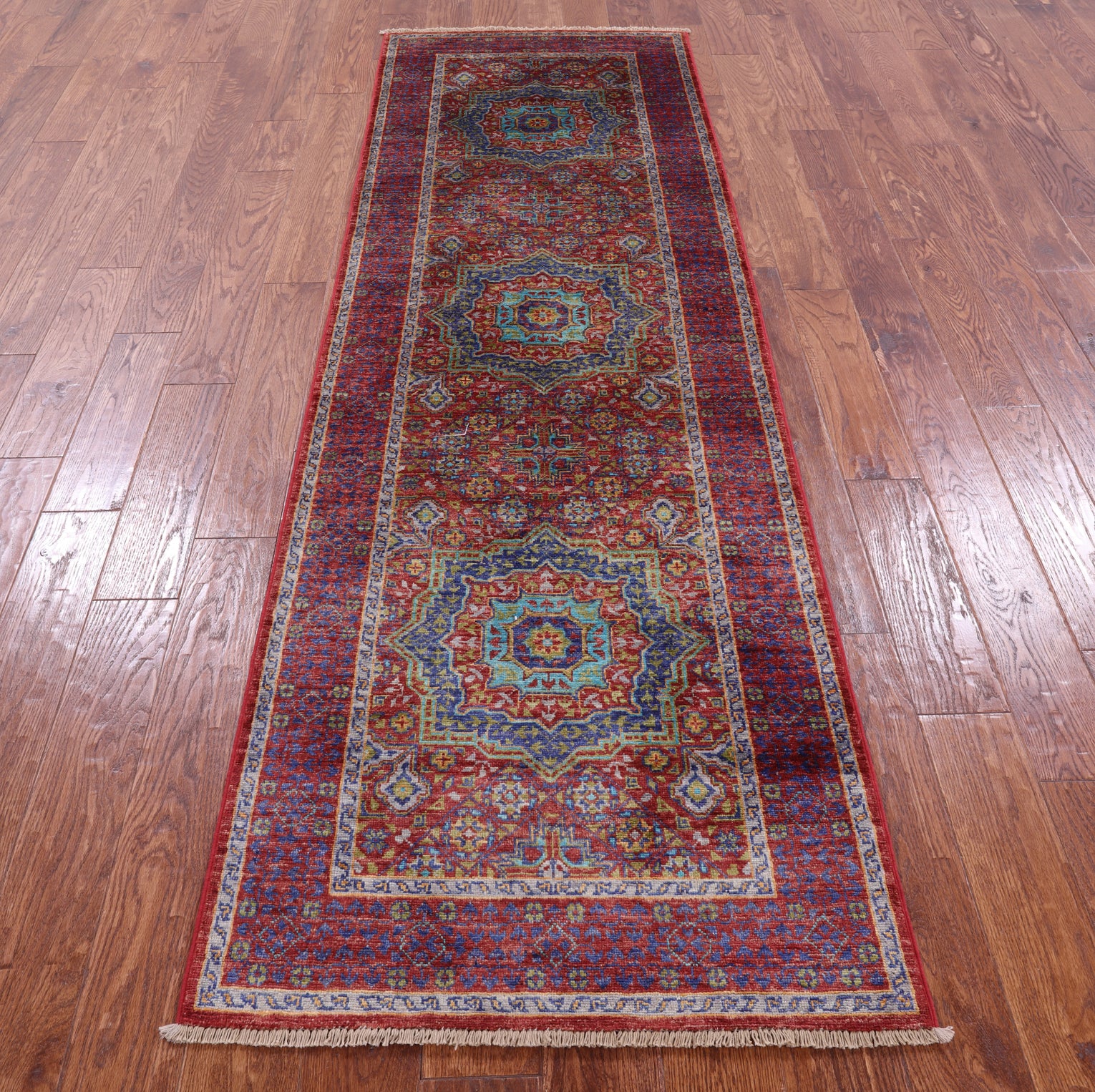 Red Geometric Persian Mamluk Hand Knotted Wool Runner Rug - 2' 8" X 8' 8" - Golden Nile