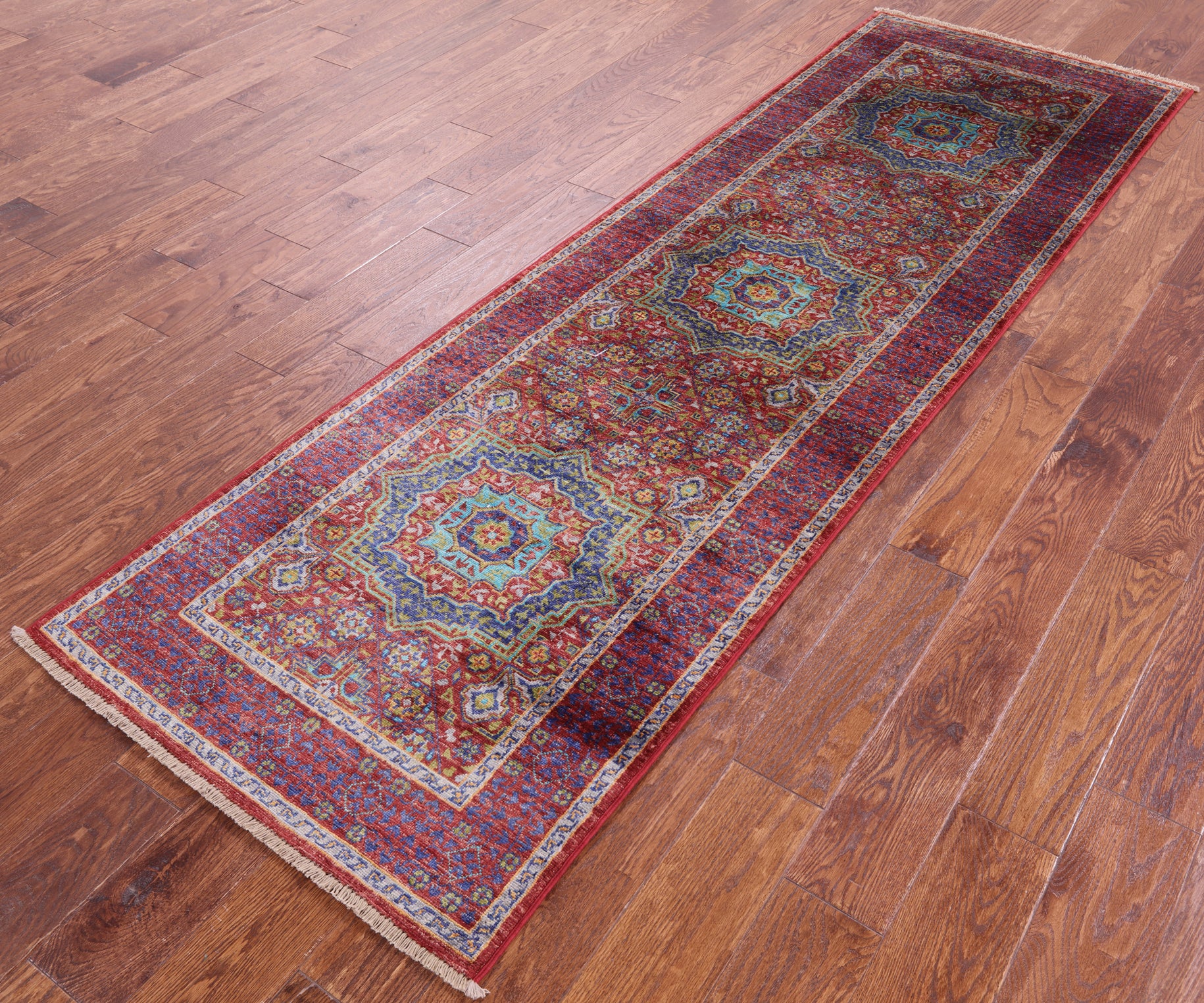 Red Geometric Persian Mamluk Hand Knotted Wool Runner Rug - 2' 8" X 8' 8" - Golden Nile
