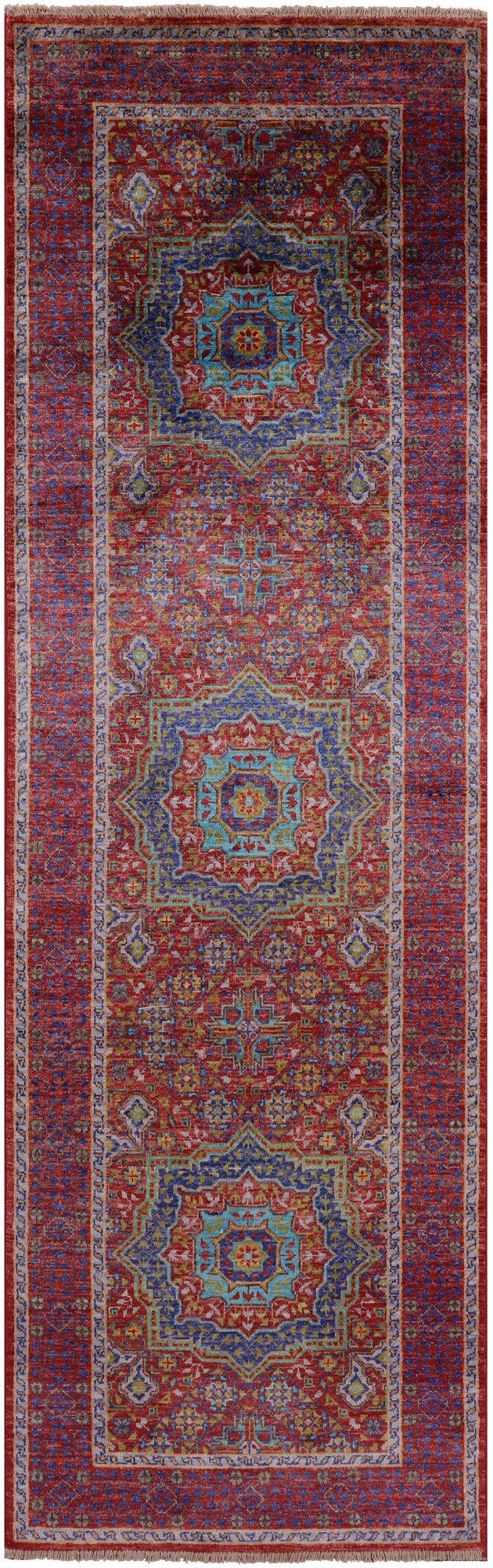 Red Geometric Persian Mamluk Hand Knotted Wool Runner Rug - 2' 8" X 8' 8" - Golden Nile