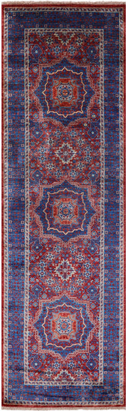 Red Geometric Persian Mamluk Hand Knotted Wool Runner Rug - 2' 8" X 8' 7" - Golden Nile