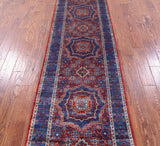 Red Geometric Persian Mamluk Hand Knotted Wool Runner Rug - 2' 8" X 8' 7" - Golden Nile