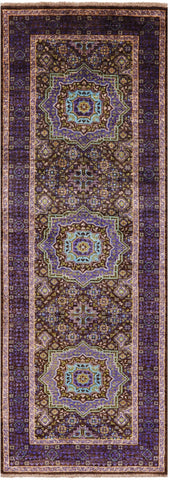 Brown Geometric Persian Mamluk Hand Knotted Wool Runner Rug - 2' 8