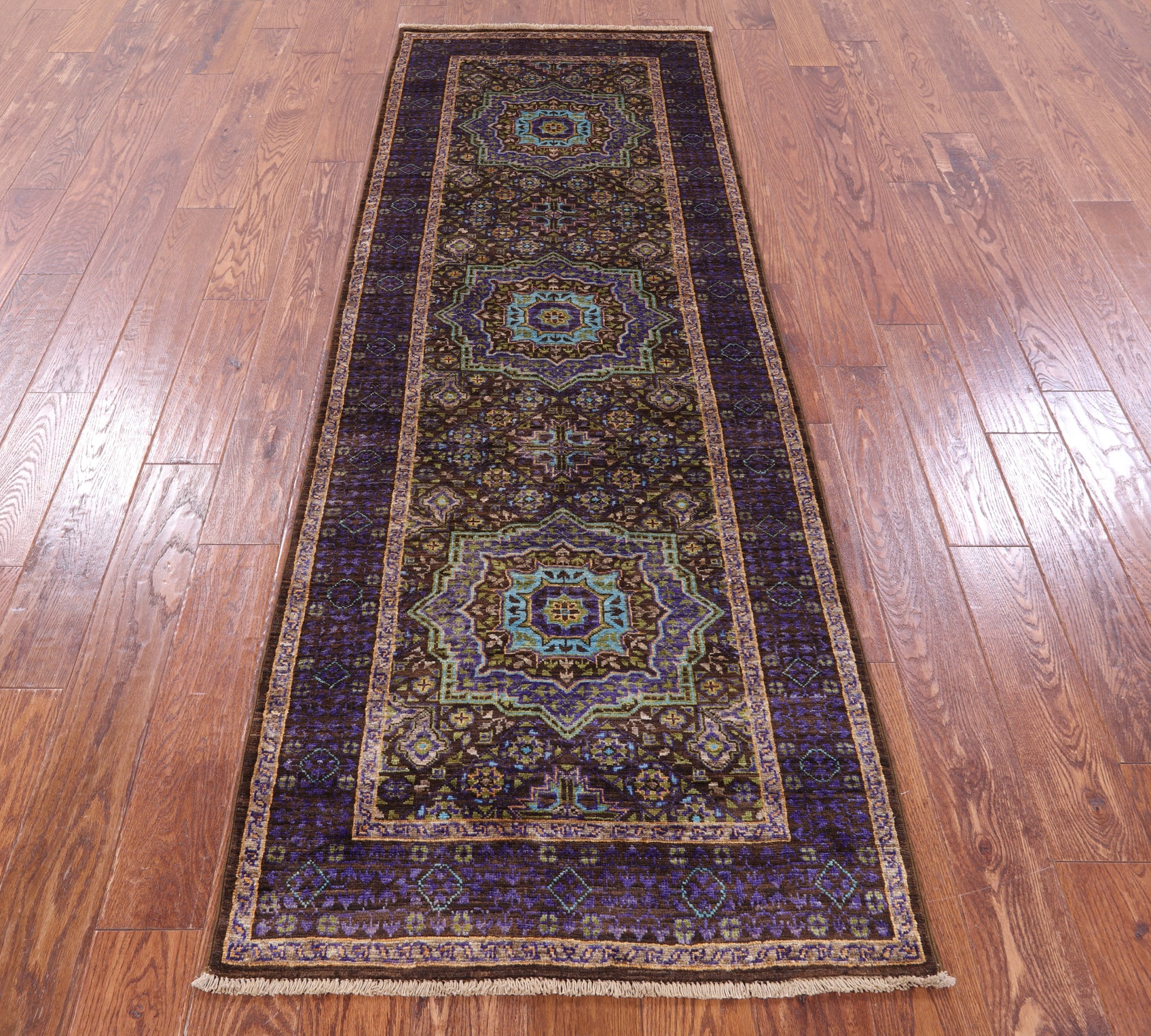 Brown Geometric Persian Mamluk Hand Knotted Wool Runner Rug - 2' 8" X 7' 9" - Golden Nile