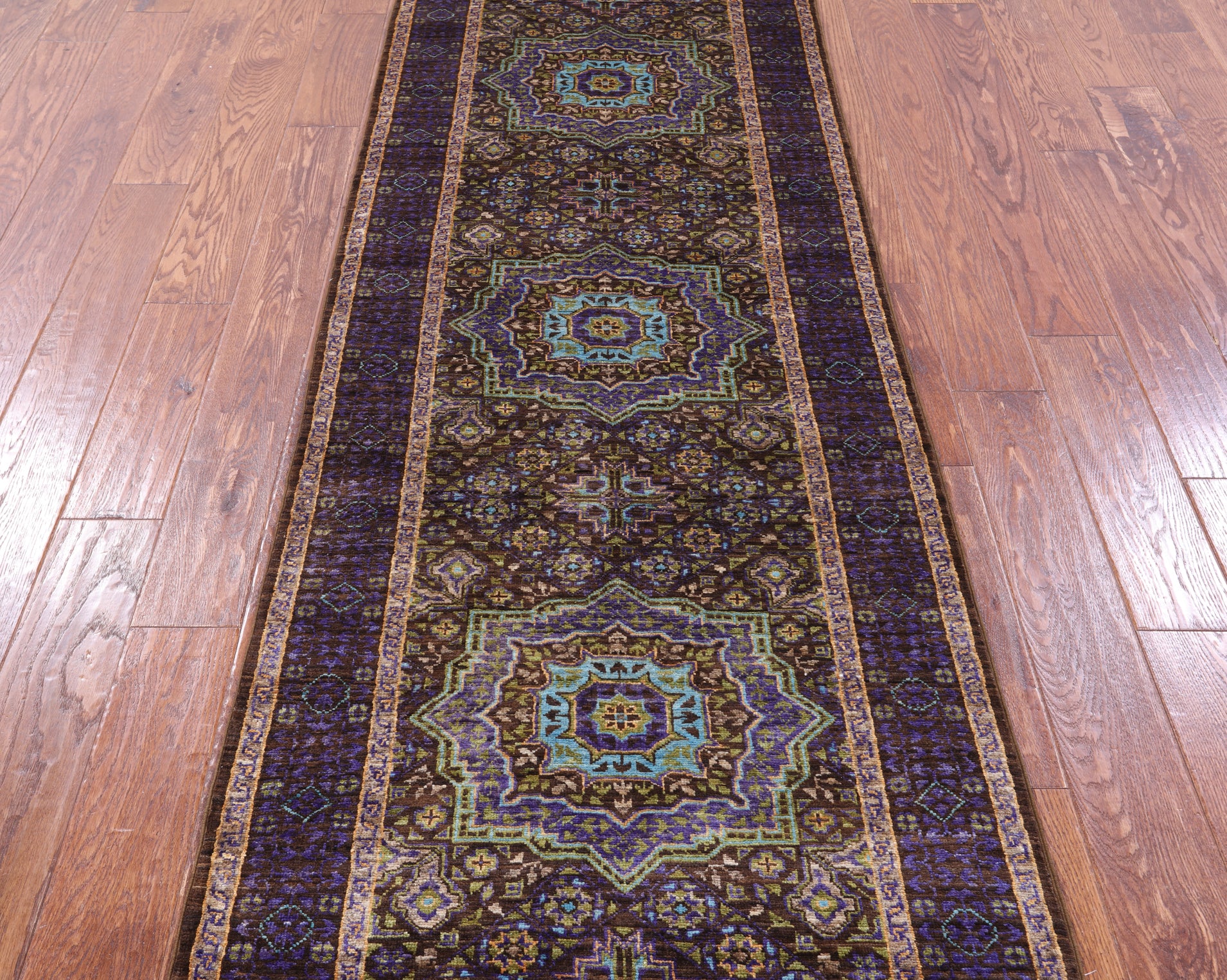 Brown Geometric Persian Mamluk Hand Knotted Wool Runner Rug - 2' 8" X 7' 9" - Golden Nile