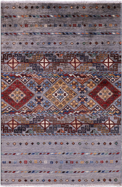 Grey Khorjin Persian Gabbeh Hand Knotted Wool Rug - 2' 8" X 4' 1" - Golden Nile