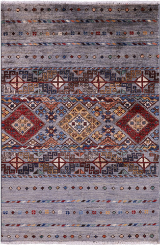 Grey Khorjin Persian Gabbeh Hand Knotted Wool Rug - 2' 8