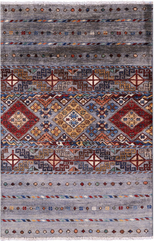 Grey Khorjin Persian Gabbeh Hand Knotted Wool Rug - 2' 8