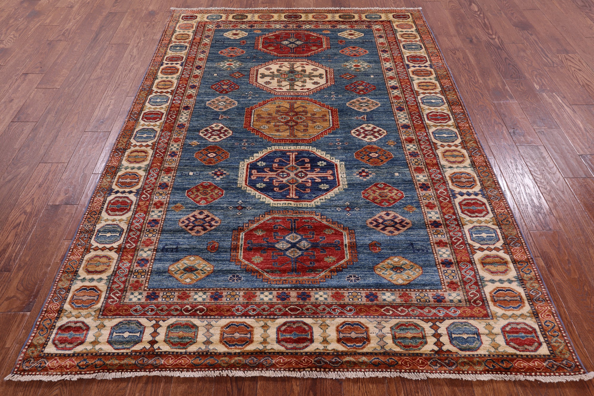 Blue Super Kazak Hand Knotted Wool Rug - 5' 7" X 7' 10" - Golden Nile